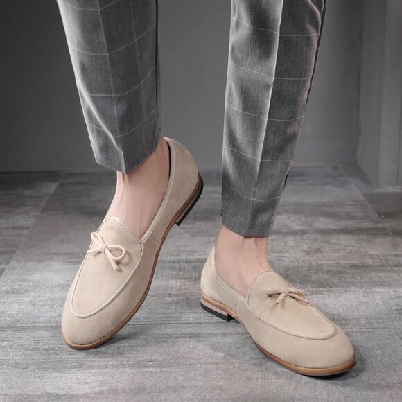 Santimon Men's US 7 - 12.5 Beige Casual Bow Loafers Flats Slip On Casual Shoes - Picture 9 of 12